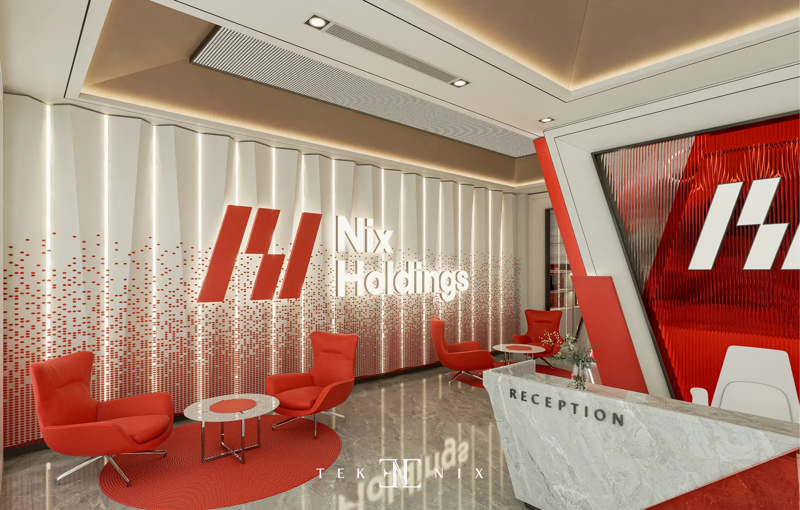 Quầy reception Nix Holding với logo khách hàng nổi bật